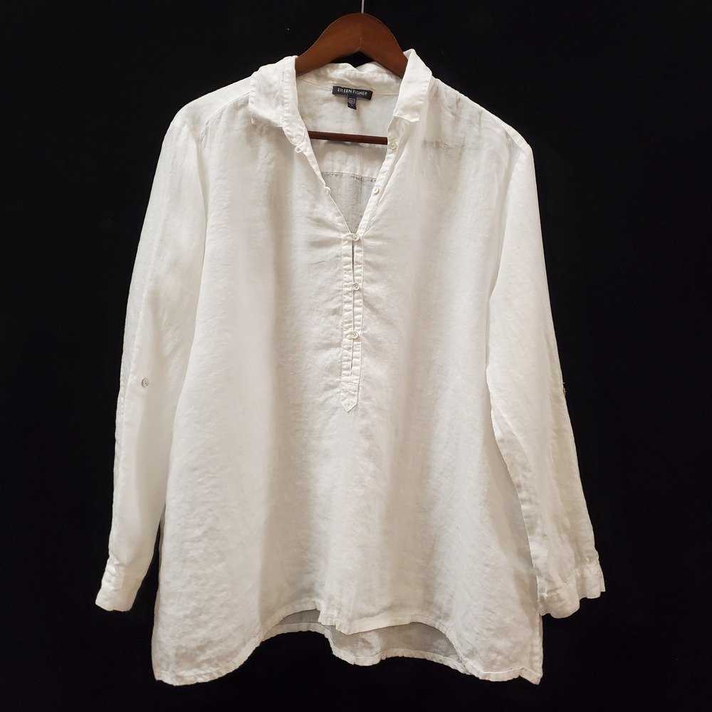 Eileen Fisher Womens Irish Linen Button Up Shirt Size S White Coastal Lagenlook